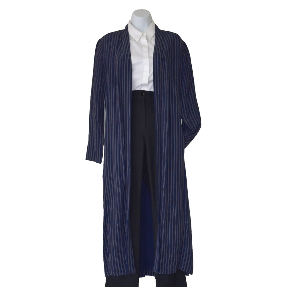 A8 Auth EILEEN FISHER Midnight Blue Striped Belted Long Kimono Jacket Sz S $358